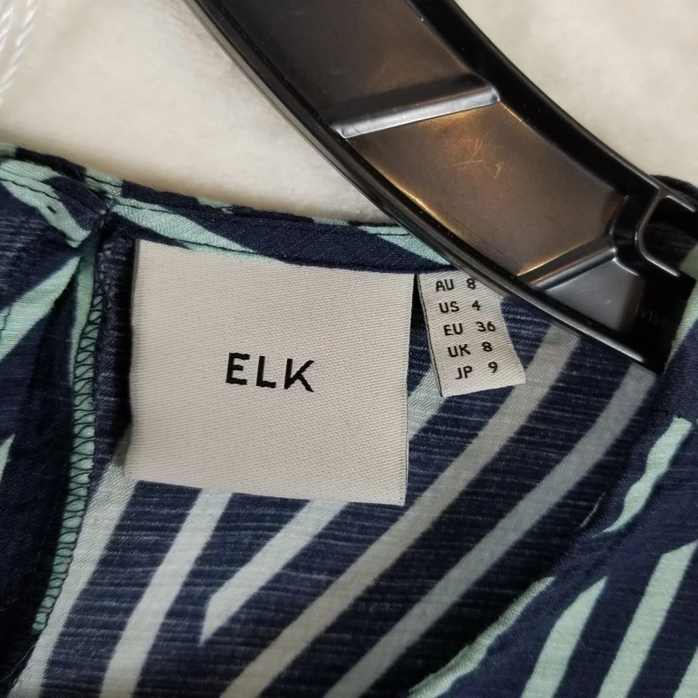 ELK Women Navy Mint‎ Stripe Drawstring Waist Midi Dress Viscose Linen Blend US 4